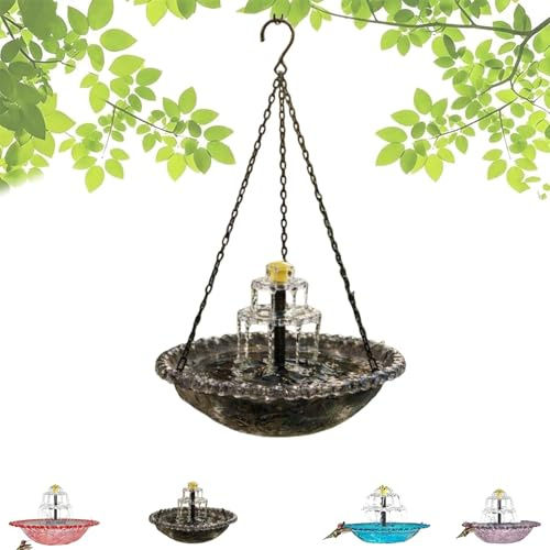 Solar-Kaskaden-Vogeltränke-Brunnen – Hängende Vogeltränke für den Außenbereich mit solarbetriebener Pumpe und Kaskaden-Wasserspieleinsatz für Garten Terrasse und Balkon (Grey B)