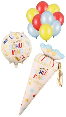 Schiggeria 11-teiliges Ballon Set Einschulung Deko, Bunt, Gelb, Rot, Blau, 9 Latexballons (27cm), Folienballon 35x35cm, Schultüte Folienballon 34,5x99cm, Junge Mädchen