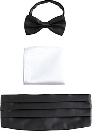 WANYING Herren Satin Kummerbund Fliege Einstecktuch 3 in 1 Set für Hochzeit Party Ball Banquet Smoking Gentleman - Schwarz Weiß
