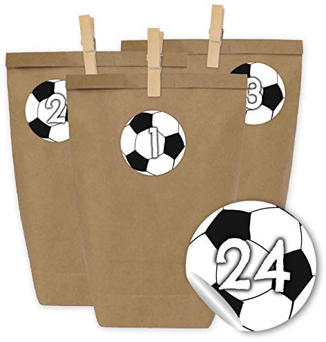 Papierdrachen Adventskalender zum Befüllen - 24 Geschenktüten und 24 Zahlenaufkleber und Klammern - Motiv Fußbälle - zum Verpacken und basteln - Weihnachten - Mini Set Nr 47