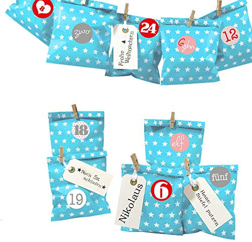 Frau WUNDERVoll® DIY Adventskalender zum Befüllen Bescherung: Set Stern 115, Papiertueten flach 13x16,5cm, beachblau Stern, Ziffern rosa-rot