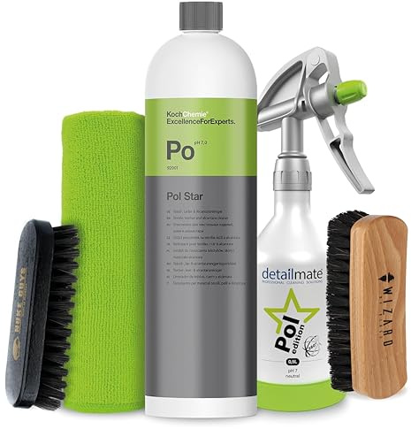 Detailmate Innenreinigung Set - Koch Chemie POL Star - Textil-, Leder & Alcantarareiniger 1L - detailmate by Kwazar 360 Grad Sprühflasche 0,5L, Tuch 40x40cm - weiche Bürste - Polsterbürste