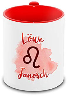 Tasse mit Namen Janosch und Sternzeichen-Motiv Löwe im Lettering-Stil | Keramik-Tasse rot | Astrologie-Geschenk