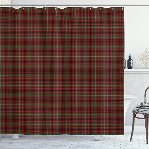 ABAKUHAUS Plaid Duschvorhang, Scottish Stil Illustration, Stoffliches Gewebe Badezimmerdekorationsset mit Haken, 175 x 200 cm, Vermilion Grün Schwarz