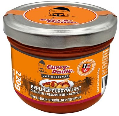 12x Berliner Currywurst im Glas von Curry Paule – DAS Neuköllner Original – 12 er Pack (12x220g) - Fertiggericht super lecker - servierfertig - schnelle Zubereitung - ungekühlt haltbar
