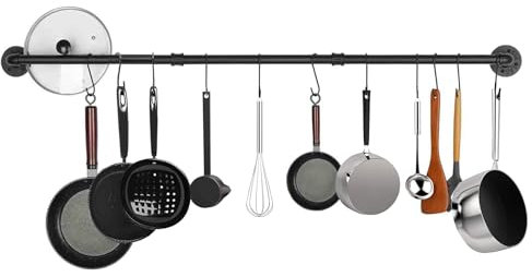 Kitchen Rail Rack with 10 S Hooks, 17inch Utensil Rack Wall Mounted, Hanging Utensil Holder for Utensils Set and Cookware, Black