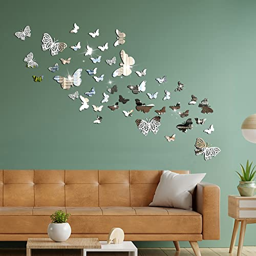 Swirlcolor Schmetterling Wandaufkleber 48 Stück Spiegel Schmetterlinge Silber Glänzend Hohl Acryl 3D Schmetterling Aufkleber für DIY Wände