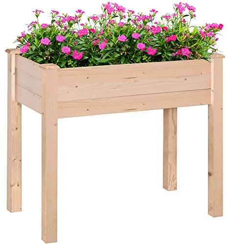 Outsunny Hochbeet, Pflanzkasten, Blumenkasten, Blumentopf, Kräuterbeet mit Abflusslöchern, Vliesstofftuch, Massivholz Natur 122,5 x 56,5 x 76 cm