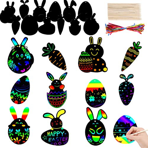 Mizijia Ostern Kratzbild, 24 Stück Ostern Kratzbilder Kinder, Oster Kaninchen Karottenei Scratching Painting, Kinder Set Magische Regenbogen scratch art DIY Handwerk (Farbige Hase)