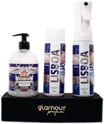 GLAMOUR PARFUM - Pack Ambientador Textil + Recambio 300 ml + Jabón de Manos 500 ml - Ambientador Hogar Lisboa - Aroma Fresco y Marino - para Pulverizar en la Cama o en Cortinas