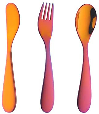 Rainbow Red Children Cutlery Metal, 3 Pcs Stainless Steel Kids Flatware Set with Knife/Fork/Spoon, Todler Silverware Healthy & Mirror Polished, Dishwasher Safe