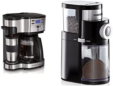 Hamilton Beach - Kaffeemaschine Mit Zweifachem Brühsystem, 12 Tassen Kaffee, Edelstahl/Schwarz (49980A-CE) & ROMMELSBACHER Kaffeemühle EKM 200 – aromaschonendes Scheibenmahlwerk, 110 Watt, schwarz