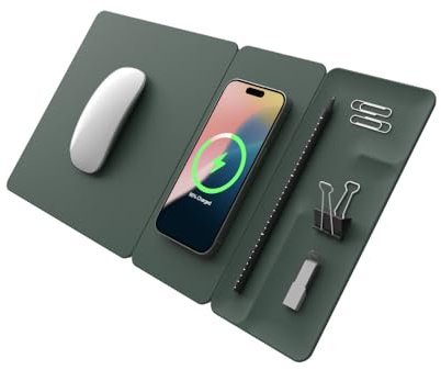 POUT H3 Split Max 3-in-1 Wireless Charging Mouse Pad – Fast Qi Charger, Mousepad Mat, and Magnetic Tray Organizer – Compatible with Smartphones and Earbuds (Deep Green)