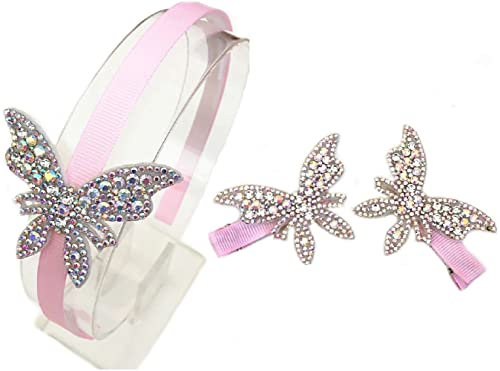 SET BAMBINA ROSA 3 PEZZI CERCHIETTO CAPELLI E DUE MOLLETTINE CON FARFALLE CRISTALLO STRASS AURORA BOREALE Comunione Compleanno Cerimonia Brillabenny