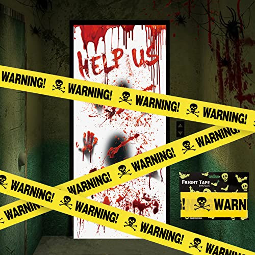 VINFUTUR Halloween Türdeko Gruselige Türbilder Fensterfolie + 6 Meter Halloween Absperrband Warnband für Halloweendeko Partydeko Horrordeko