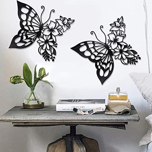 EZ4ENCE 2 Stück Schmetterlings-Dekoration, Wandkunst, Boho-Wanddekoration, hängende Optik, Wanddekoration, Metall, hängende Schmetterling, Dekoration, Blume, Heimwand, schwarz (groß)