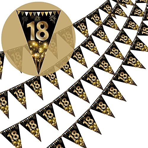 Wimpelkette Happy 18th Birthday, goldfarben und schwarz, Glitzer, Jahrestag, Party, Dekoration, Zubehör, Dreiecksflagge, Banner für Männer und Frauen, 40 Stück