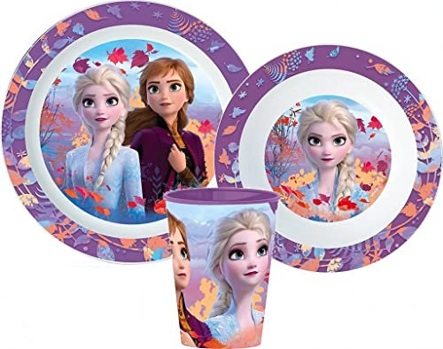 Ensemble de vaisselle pour enfant Palleon Disney (3 pièces) - Assiette, bol à céréales et tasse réutilisable - Design La Reine des Neiges - Multicolore - Passe au micro-ondes et au lave-vaisselle