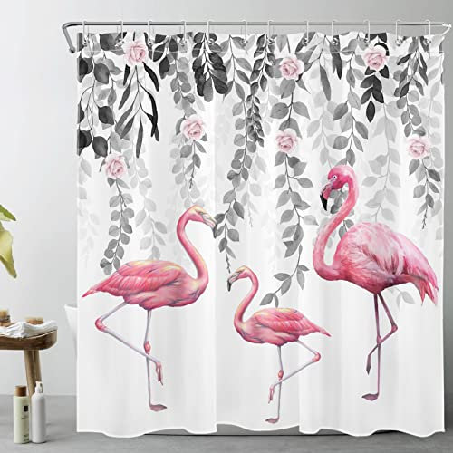 LB Rosa Flamingo Duschvorhang 180x200cm Graues Blatt Rosenblüte Antischimmel Wasserdicht Badezimmer Vorhänge, Naturpflanze Tropischer Vogel Extra Lange Polyester Stoff Bad Vorhang mit Haken