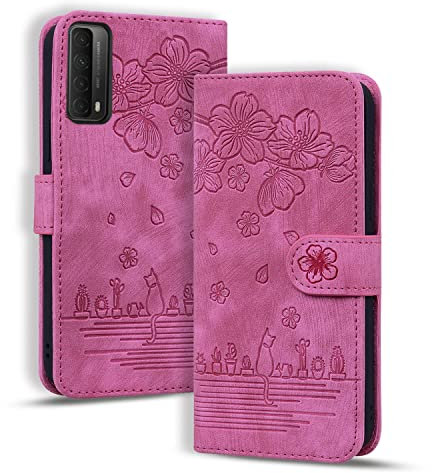 Rosbtib Custodia Compatibile con Huawei P Smart 2021 (6,67), Pelle Premium Magnetica Flip Cover Funzione Supporto Portafoglio Cover per Huawei P Smart 2021, Rosa di Rosso Gatto