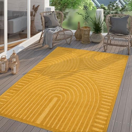 TT Home In-& Outdoor Teppich Wetterfest Balkon Küche Wohnzimmer Boho Skandi Design, Farbe:Dunkelgelb Gelb, Größe:120x160 cm