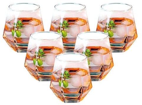 NAVACALA Diamond Lot de 6 verres à whisky inclinés pour eau, jus, scotch 300 ml, verres à whisky pour bourbon/rhum/bar (6 arc-en-ciel)