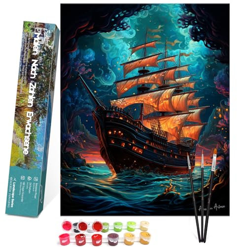 Bougimal Malen Nach Zahlen Erwachsene Landschaft ohne Rahmen inklusive Pinsel und Acrylfarben - 40 x 50 cm, Seewellen Segelboot