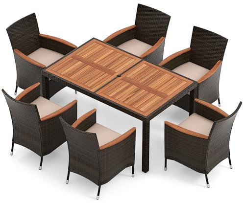 COSTWAY 7PCS/9PCS Garden Rattan Furniture Set, Patio Dining Table and Chairs Set with Acacia Wood Top, Stackable Chairs and Cushions, Outdoor Dining Wicker Conservatory Set for Balcony Lawn (7-Piece)