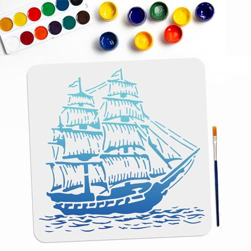 MAYJOYDIY Segelboot-Nautische Schablone 30 x 30 cm Großes Boot Meereswellen-Muster Wiederverwendbare Schablone mit Pinsel für DIY Segelboot Handwerk Wand Holz Leinwand Papier