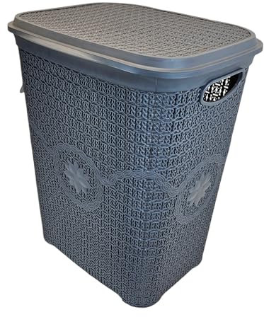Best House | 65L Laundry Basket with Lid | GRAY | 65 Litres | Large | Plastic Hamper | Knitted/Rattan Style | Clothes Storage Washing Bin Basket Hamper for Bathroom Bedroom (Pack of 1)