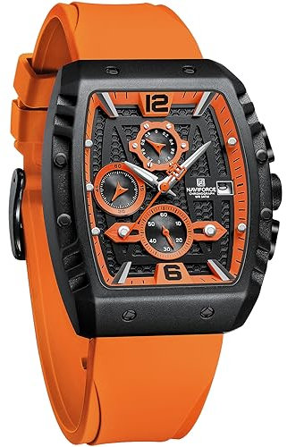 NAVIFORCE Montre de sport chronographe étanche pour homme, bracelet en silicone coloré, montre à quartz avec date automatique (orange), Orange, Moderne