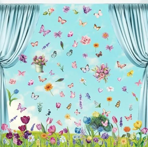 9 Blatt Fensterbilder Doppelseitig Blumen Schmetterling Fensterdeko, Statisch Doppelseitige,Fensterbilder Frühling Selbstklebend, Frühlingsdeko Fenster für Glas, Vitrinen