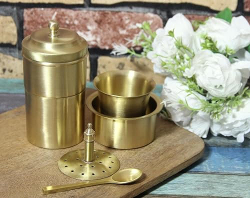 HIMANSH STORE Brass South Indian Coffee Filter with DABARA Set and 1 Small Spoon - Matt Finish - 150 ml - Small, Gold
