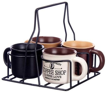 MIELIMON Set 4 tazas cafe 100 ml asa, soporte asa base para colgar Tazas de Cerámica Apilables Espresso con Platos y Soporte de Metal, Tazas de Café para Espresso, Latte