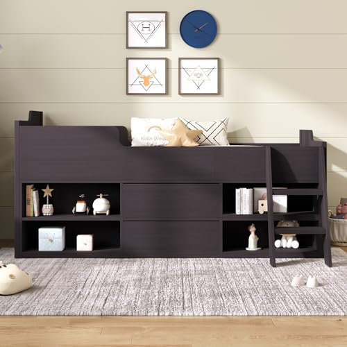 I0I&I0I Taupe Kids Wooden Cabin Bed Mid Sleeper Frame - 3ft Single (90x190cm) with Storage Drawers, Shelves, Safety Features & Durable Construction (Black)