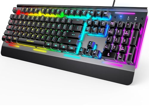 TECKNET Gaming Keyboard, USB Wired Computer Keyboard, 15-Zone RGB Illumination, IP32 Water Resistance, 25 Anti-ghosting Keys, All-Metal Panel (Whisper Quiet Gaming Switch)