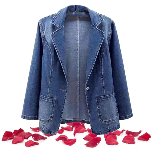 WUQILONGBANG Blazer in denim da donna, 2024 nuovo cappotto di jeans casual taglie forti monopetto, giacca in denim aderente, Blu, 3XL
