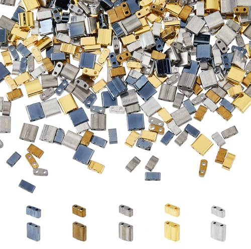DICOSMETIC 350 pièce Rectangle Tila Perles 5 Couleurs 2 Trous Perles de Graine de Verre Argent Doré Gunmetal Hématite Couleur Demi-coupée Perles de Tila pour la Fabrication de Bijoux, Trou: 0.5-0.8mm