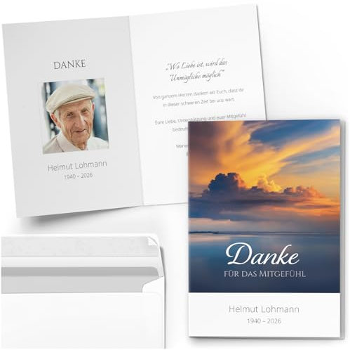 10 Trauer Danksagungen Dankeskarten mi Text und Foto | Individuell anpassbare Trauerkarten mit Briefumschlägen | Karten Design Meer Seebestattung See Natur Wolken Bestattung