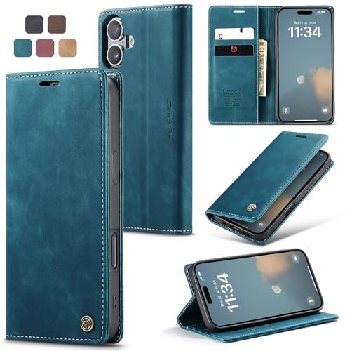 Cracedily for iPhone 16 Case, Wallet Case Flip Leather with Card Holder Magnetic Closure Shockproof Kickstand Protective Phone Cases Cover for iPhone 16, Blue-Green