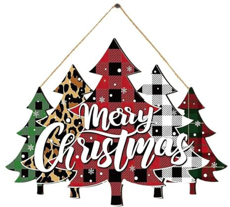 Hängedeko Weihnachten Türschild mit Weihnachtsbaum Schriftzug Aufhänger, Holz Buffalo Plaid Christbaumschmuck Holzschild Weihnachtsschild Merry Christmas Deko für Indoor Outdoor Tür, Fenster oder Wand