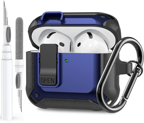 OTOPO for Airpods 4 Case with Secure Lock Clip, Rugged Airpods 4th Generation Cover 2024, Armor Shockproof iPod Case 4th Gen Protective Hard Shell with Carabiner & Cleaner Kit for Men Women Blue