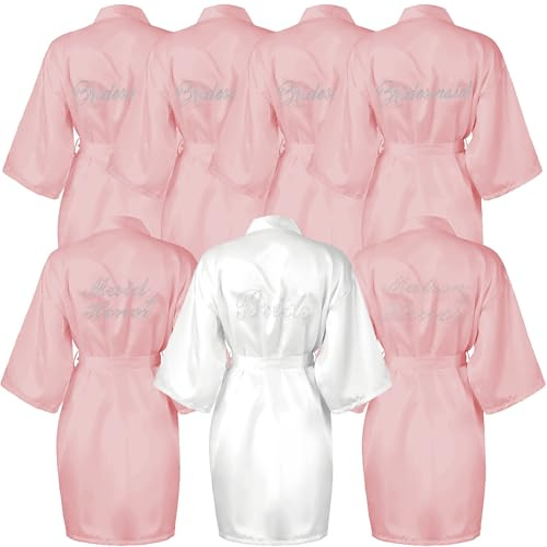Malloom Lot de 7 peignoirs en satin pour demoiselles d'honneur, kimonos pour femmes avec strass, robe de mariée et demoiselle d'honneur pour fête de mariage, fête prénuptiale, Blanc/rose, Taille