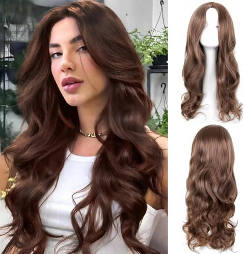 AOWVUTS Lange Gewellt Perücke Für Frauen Mädchen Natuaral Synthetisches Haar Hitzebeständig Perücke Charmante Lange Wellige Perücke Mittelscheitel Lang Lockig für Partys Cosplay Täglich
