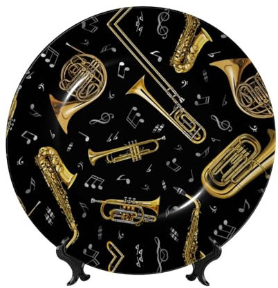 ESNAIUVCD Dekorativer Teller aus Knochenporzellan, mit Musikinstrumenten, bedruckt, rund, mit Präsentationsständer