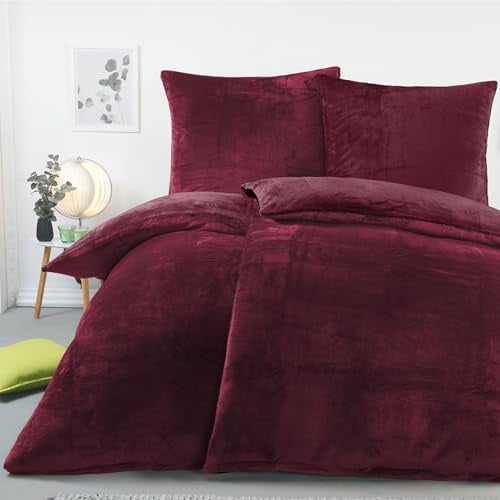 BaSaTex Winter Plüsch Bettwäsche Set, 4tlg. 135x200 cm, Bordeaux | Warm und Kuschelig, Öko_Tex Zertifiziert, Reißverschluss, Flauschig Anschmiegsam, Feuchtigkeitsregulierend