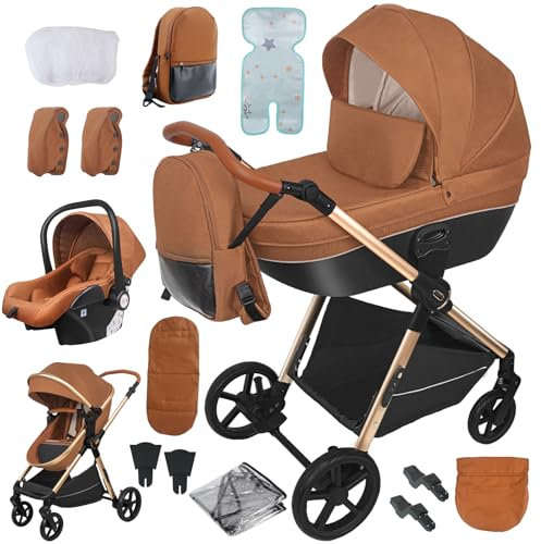 Reenborn Passeggino 4 in 1, Passeggino Trio con Due Modi Reversibili Spingere, Trio Neonati con Telaio Alluminio Paesaggistico Alto, Design Pieghevole in Un Clic (H2 Caramel)