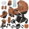Reenborn Passeggino 4 in 1, Passeggino Trio con Due Modi Reversibili Spingere, Trio Neonati con Telaio Alluminio Paesaggistico Alto, Design Pieghevole in Un Clic (H2 Caramel)