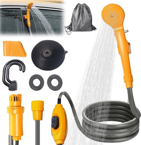 PORFOYO Ducha de camping de 12 V, ducha portátil de camping con bomba, juego de duchas móviles con cabezal de ducha y manguera, ducha portátil de jardín para senderismo, camping, viajes, playa