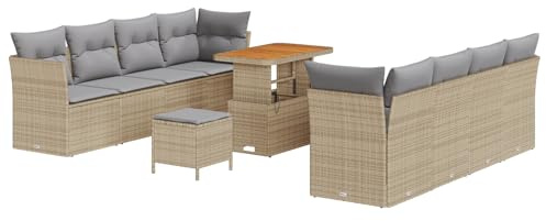 vidaXL 11-teiliges Garten-Sofa-Set mit Kissen in Beige aus Poly Rattan - Modulare Sitze für die Terrasse oder den Balkon - Moderne und verstellbare Gartenmöbel für die Lounge